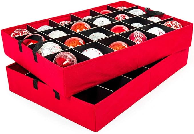 Santa's Bags [Christmas Ornament Storage Box with Dividers] - (Holds 48 Ornaments up to 4 Inches in Diameter) | Acid-Free Removable Trays with Separators | 2 Removable Trays