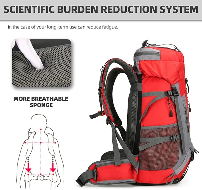 King'sGuard 60L Hiking Backpack Lightweight Camping Backpack with Rain Cover Large Waterproof Packable Outdoor Trekking Travel Backpack for Men Women (Red)