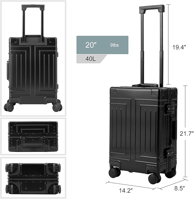 All Aluminum Carry On Luggage，Cut from Whole Aluminum Sheet，22x14x9 Airline Approved ，（3rd Generation，Premium Metal zipperless suitcase ） (black, 28inch)