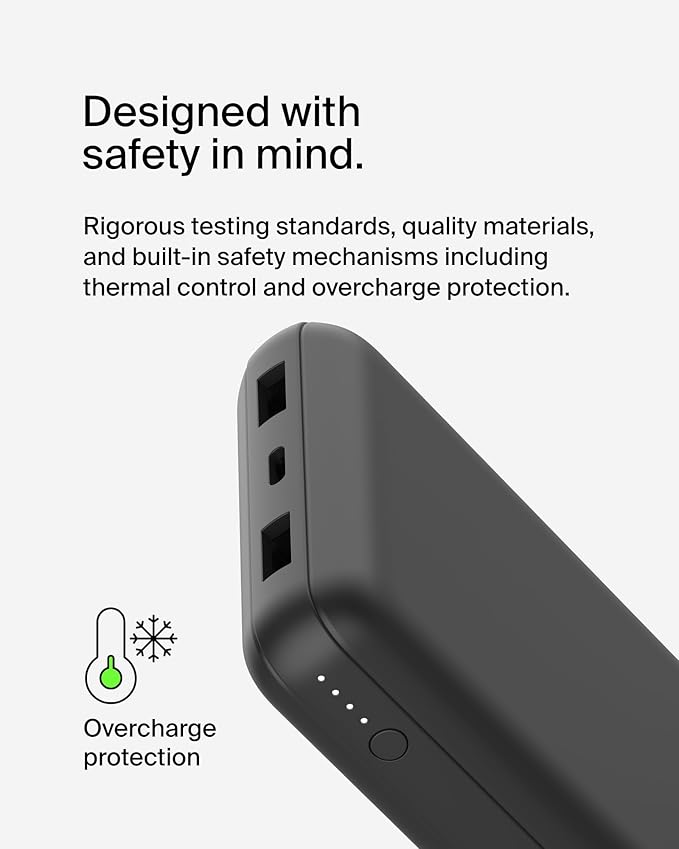 Belkin Portable Charger, USB-C Power Bank 20000 mAh w/ 2 USB-A Ports, 15W w/ Type-A to Type-C Cable for iPhone 16, 16 Plus, 16 Pro, 16 Pro Max, Samsung Galaxy S2, Google Pixel 10, etc. - Black