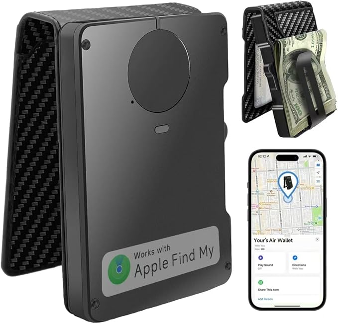 Zeeker Mens Air Wallet, with Smart Tracker, RFID Blocking Credit Card Clip, Bi-Fold Minimalist Wallet, Compatible with Apple Find My IOS Only, Replacement AirTag Chip(Carbon Fiber Pattern)