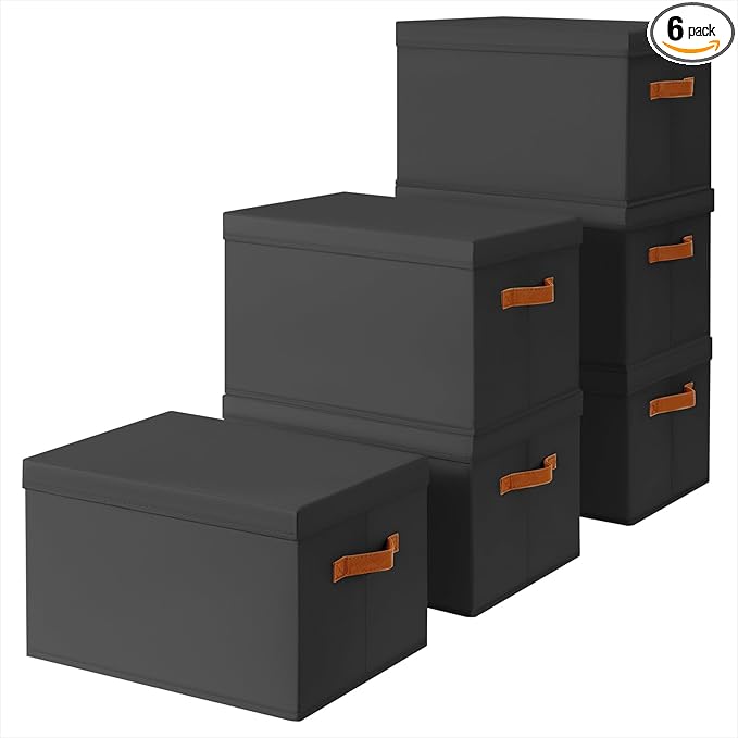 Storage Bins with Lids - Large Fabric Closet Bins with Lid, 6 Pack Clothes Organizers and Storage, Collapsible Stackable Cube Basket for Home, Office, Dorm, Black