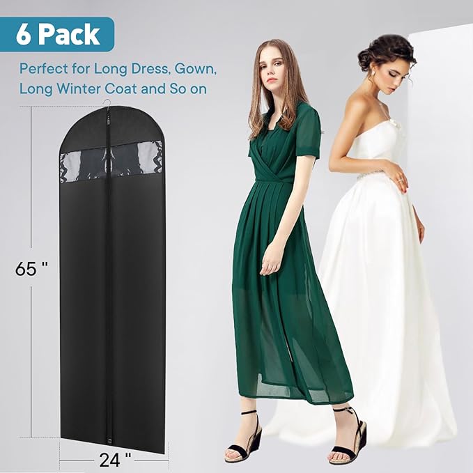 Dress Bags for Gowns, 65" Long Garment Bags for Hanging Clothes, 6-Pack Foldable Dress Cover with Clear Window for Women's Coats, Formal Gowns, and Evening Dresses