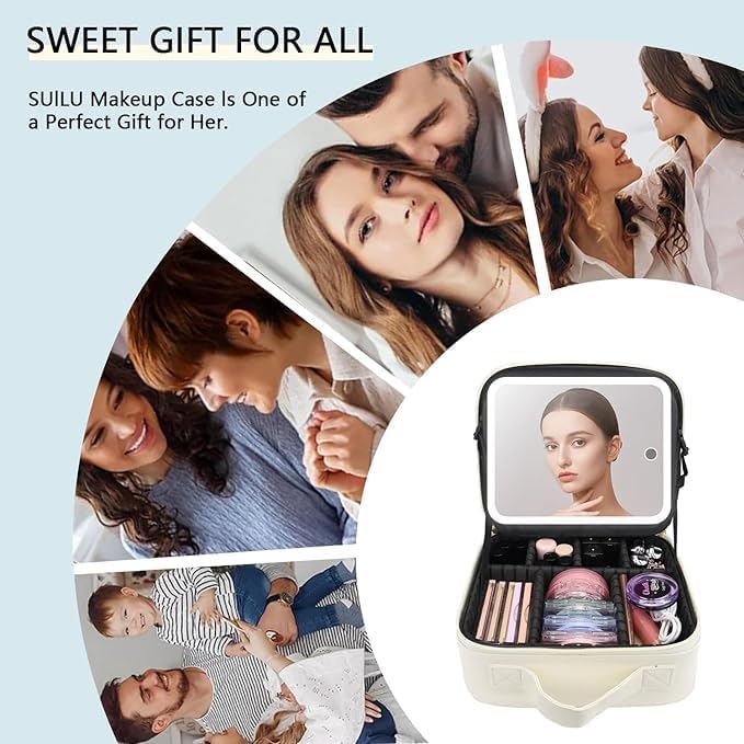 Makeup Bag with Led Mirror,Travel Makeup Organizer with 3 Color Setting & 10X Magnifying Mirror, Portable Storage and Adjustable Dividers Travel Makeup Bag-white