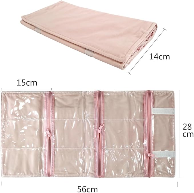 Travel Jewelry Roll Bag Portable Organizer Pouch With Grids&PVC Cover Storage Bags for Necklace, Bracelet, Bracelet,Ring, Badge, Pendant