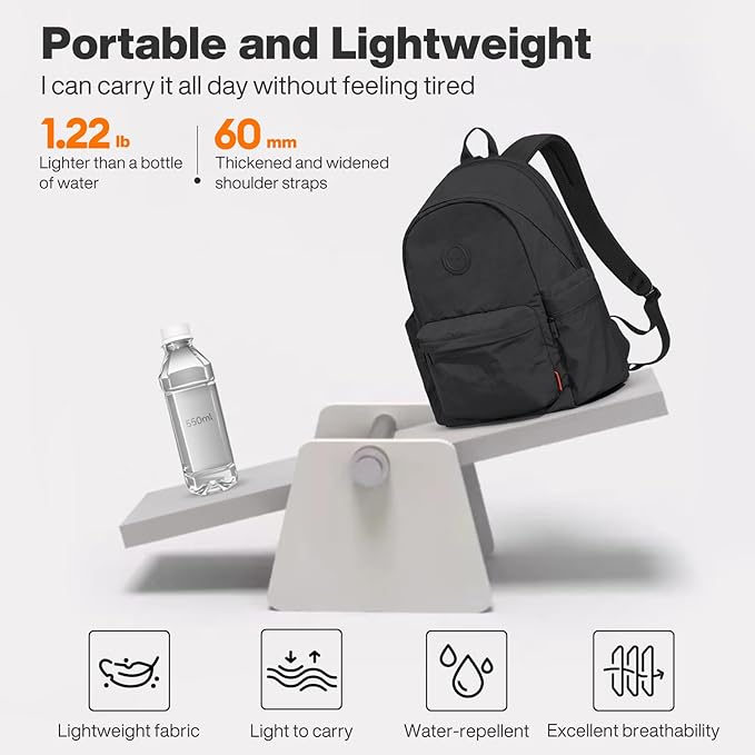 mixi Outdoor Lightweight Backpack Casual Carry On Laptop Backpack Travel Bookbag for Women Men, Water Resistant Durable Small Hiking Bag for Camping Weekender Sports College Work, 15 Inch, Black