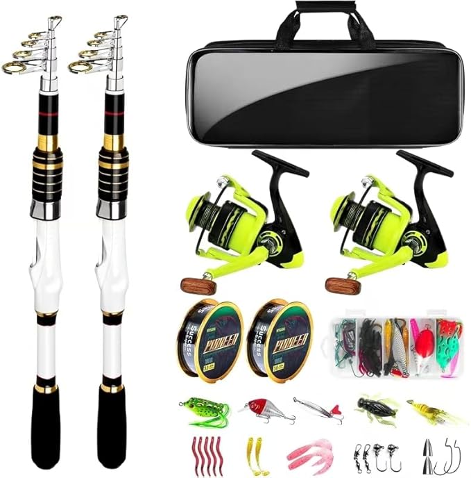 Telescopic Fishing Rod and Reel Combo, 2PACK 5.9FT 6.89FT Carbon Fiber Travel Rod, 2 Collapsible Spinning Reels, 2 100m Line, Carrier Bag and Carrier Bag Lures Kit for Adults Beginners