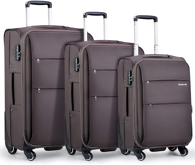 Hanke 20/24/28 Inch 3 Piece Luggage Set with Spinner Wheels Expandable Luggage Large Suitcases with Wheels Softside Checked Luggage Rolling Suitcase with Lock Lightweight Travel Luggage.(Coffee)