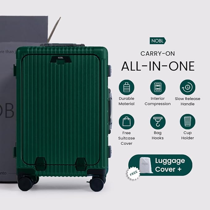 NOBL Travel Carry On Luggage, Noble Zipperless Aluminum Frame PC Hard Shell Suitcase, 20.8x15x8.7 Airline Approved, 360° Spinner Wheels, TSA Locks, USB Charging Port, Cup & Phone Holder - Forest Green
