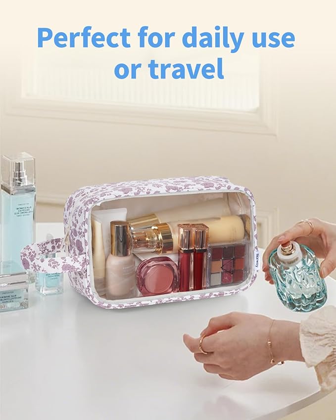 Narwey Clear Toiletry Bags for Traveling Women Men, Clear Travel Bags for Toiletries Makeup Bag Cosmetic Bag with Zipper, Make Up Organizer, Skincare Bag (Little Dusty Pink Flower)
