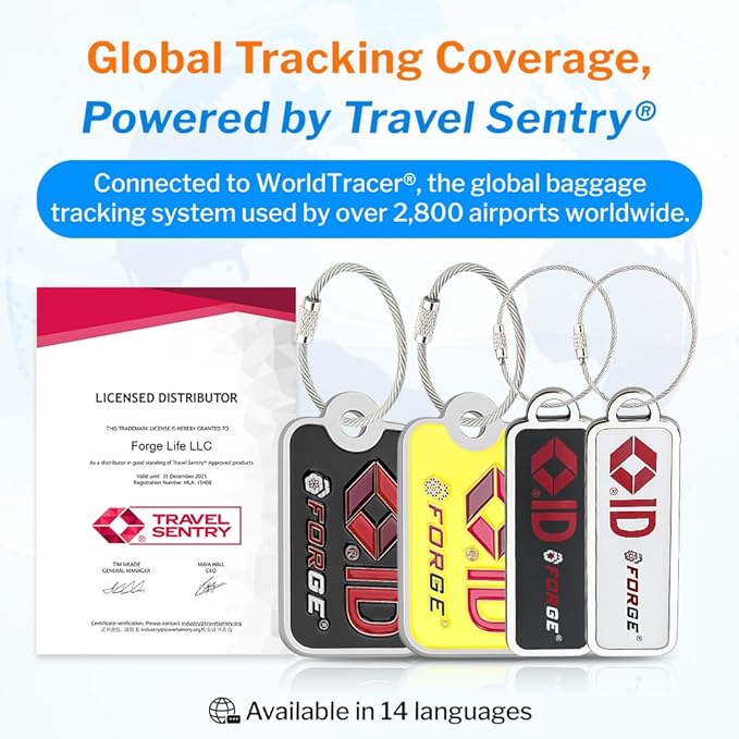 Forge Lost and Found Luggage Tags, Global Luggage Tracking Tag, WorldTracer Compatible, Travel Sentry Powered Baggage ID System for Luggage, Bags, Suitcases, and More (Yellow 4 PK)