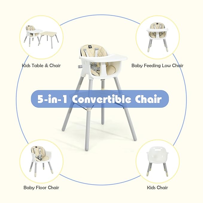 HONEY JOY 5-in-1 High Chair, Convertible Highchair for Babies and Toddlers/Kids Chair Table Set/Infant Feeding Chair w/Safety Harness, PU Leather Cushion & Removable Food Tray (Beige)