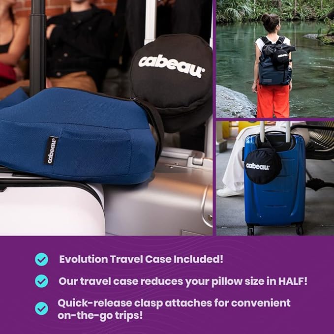 Cabeau Airplane Travel Pillow for Long Flights - Evolution S3 - Supportive Memory Foam with Seat Straps to Secure Your Head and Neck and Provides 360° Support (Jet Black)