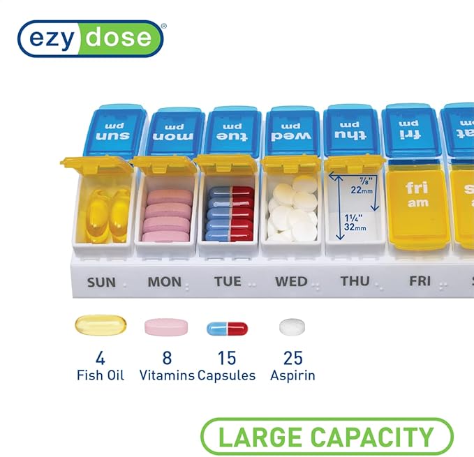 EZY DOSE Weekly AM/PM Pill Organizer, 7-Day Vitamin and Medication Box with Large Pop-Out Compartments, 2 Times a Day Pill Holder for Easy Dosing, Yellow and Blue Lids, Travel-Friendly Design