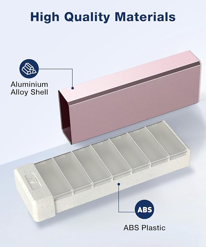HEIYING 7 Days Pill Organizer with Aluminum Shell for One Week Capacity, Portable Metal Pill Case to Hold Vitamin, Medicine, Supplements