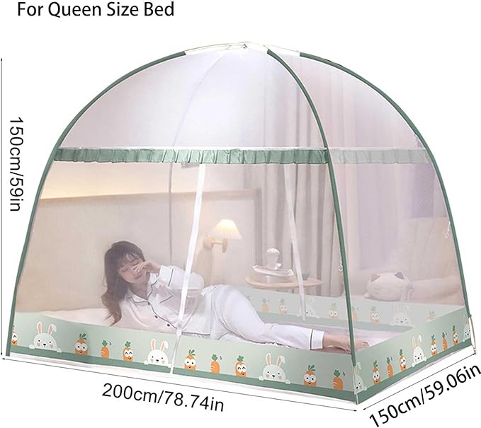 Pop-Up Mosquito Net Tent for Beds Portable Folding Canopy with Net Bottom, Fits Twin to King Size 79x71x59inch, Easy Install Wash for Baby Adults, Indoor Outdoor Use (Green RABIT-Queen Bed)