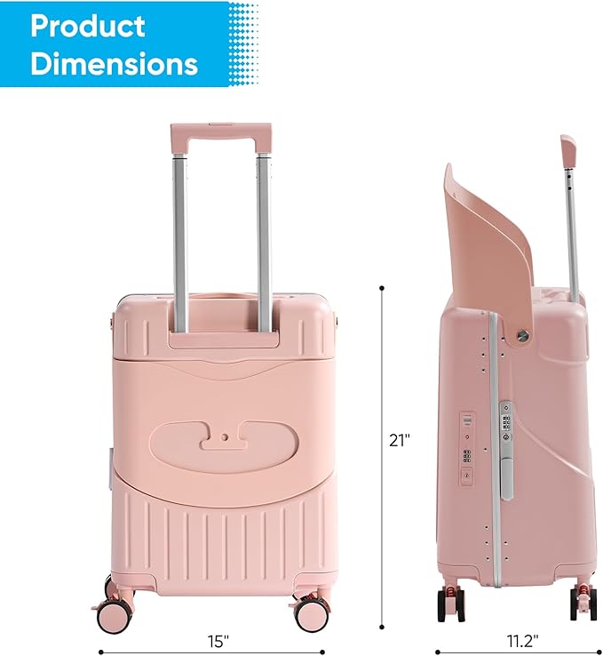 TABU 20" Ride-on Luggage with Seat，Front Opening Carry-On Hardshell Ride On Suitcase with Built-in Charging Port, 360° Lockable Spinner and TSA Lock, for Kids & Adults, Pink