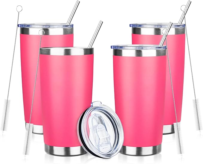 20oz Tumbler with Straw and Brush, Stainless Steel Vacuum Insulated tumbler, Double Wall Insulated Coffee Tumbler for Outdoor, Home, Travel,Office (peach，4pcs)