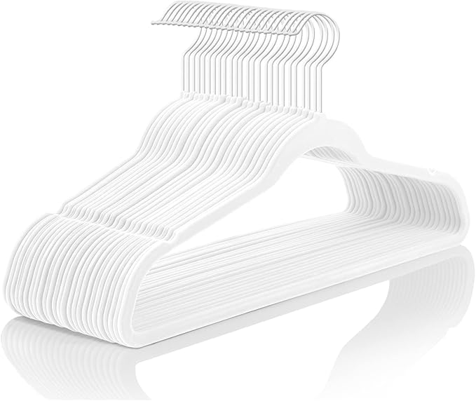 MIZGI Premium Velvet Hangers (50 Pack) Heavy Duty - Non Slip Felt Hangers - Velvet Suit Hanger White - White Coated Hooks,Space Saving Clothes Hanger