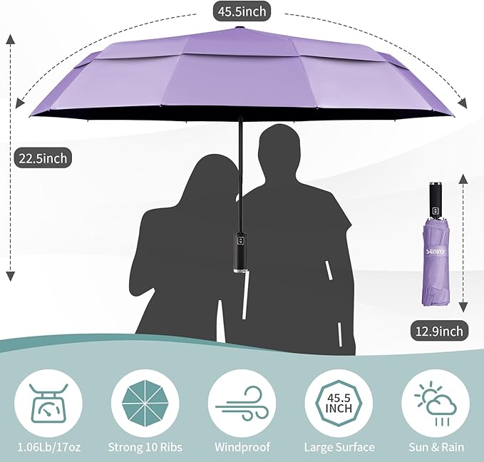 Seniny Windproof Travel Umbrella, Double Vented Canopy Large Umbrellas for Rain, Automatic Compact Umbrella for Car Backpack, Portable Pocket UV Umbrellas for Sun Protection Walking, Lightweight