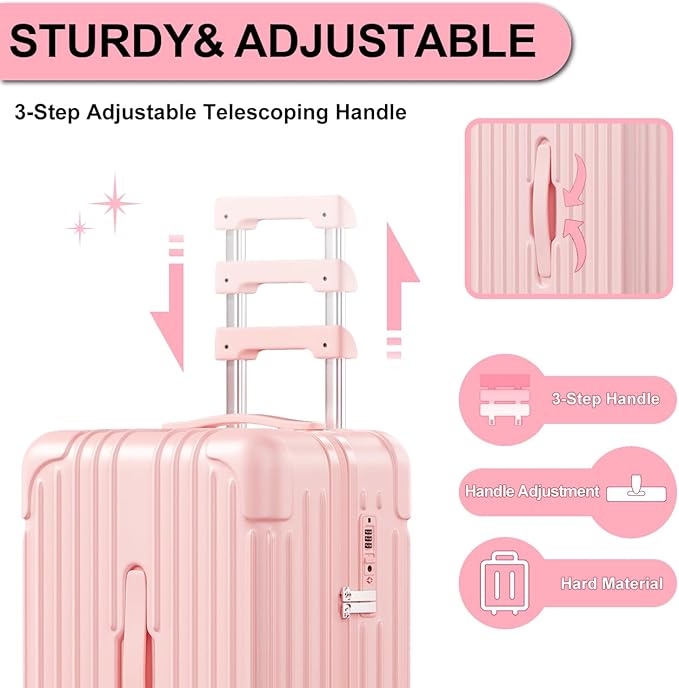 Krute Carry on Luggage PC+ABS Suitcases with Double Spinner Wheels 22x14x9 Airline Approved Luggage with TSA Lock 20 Inch (Pink)