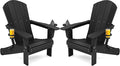 SERWALL HDPE Folding Adirondack Chair with Dual Cup Holder - Composite Adirondack Chair Set of 2- Black
