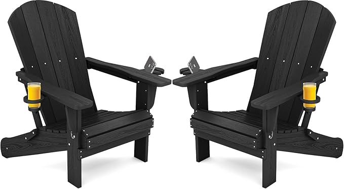 SERWALL HDPE Folding Adirondack Chair with Dual Cup Holder - Composite Adirondack Chair Set of 2- Black