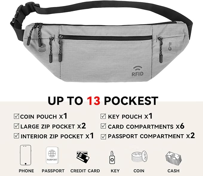 Travel Money Belt for Men and Women hidden slim passport holder - travel wallet with RFID blocking under clothes to protect Cash, Credit Cards and Documents (GRAY)