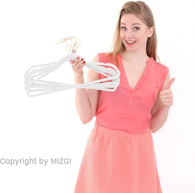 MIZGI Premium Velvet Hangers (60 Pack) Heavy Duty - Non Slip Felt Hangers - Velvet Suit Hanger White - Rose Gold Hooks,Space Saving Clothes Hanger