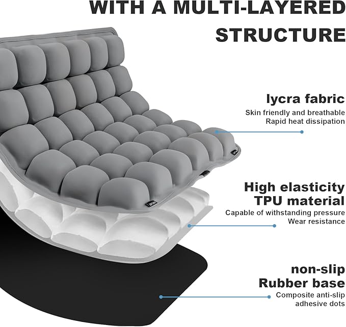Grey Travel Seat Cushion – Portable Inflatable 3D Air Cell Seat Cushion for Long Flights, Car, Office, Wheelchair, Ergonomic Design for Tailbone Relief & Compact Support