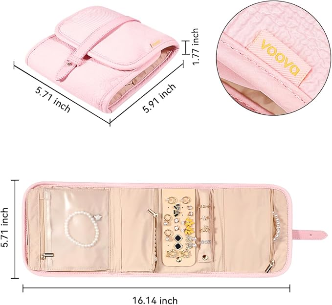 Voova Travel Jewelry Holder Organizer Case, Small Jewelry Storage Bag for Women Girls, Foldable Traveling Jewellery Pouch Roll for Necklaces Rings Earrings Bracelets, Mini, Light Pink