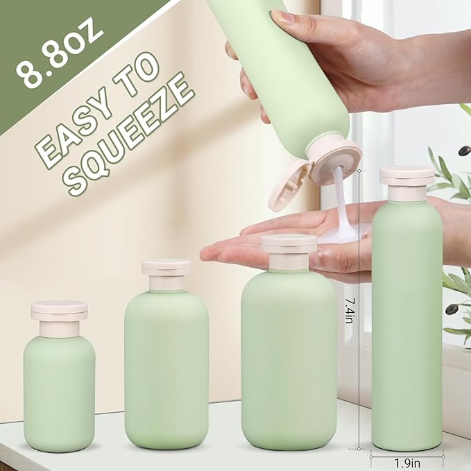 ASEVAT 8.8oz 4Pcs Green Plastic Refillable Travel Shampoo and Conditioner Bottles Plastic Refillable Travel Shampoo Bottles with Flip Cap Shampoo and Conditioner Dispenser
