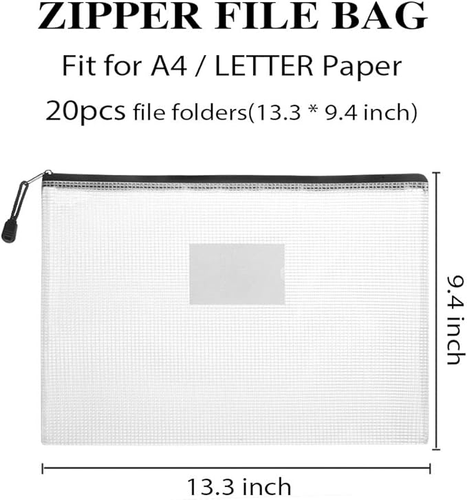 Sooez 20 Pack Mesh Zipper Pouch with Label Pocket, Plastic Zip File Folders, Zipper Document Bag for Teacher School Office Supplies, Classroom Organization, Board Game Storage, 13.3" x 9.4", Black