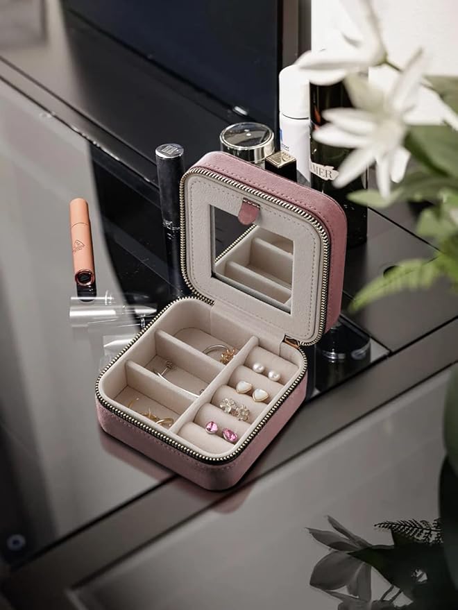 S.Leaf Travel Jewelry Organizer Travel Jewelry Boxes for Women Small Jewelry Travel Case Box Portable Travel Jewelry Case Travel Case Mini Jewelry (05_Suede_Touch_Dust_Pink)