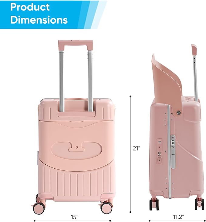20 Inch Ride on Luggage With Seat For Kids&Adults,with Front Pocket, Foldable Seat Back TSA Approved Lock, 360° Spinner Wheels(20 inch,Pink)