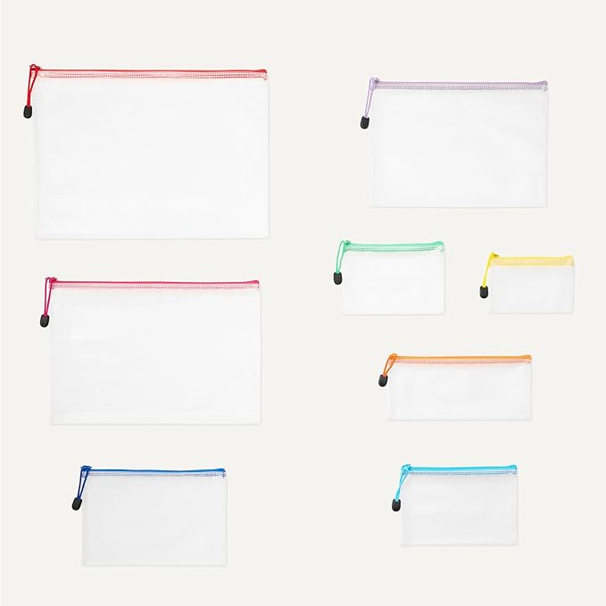 Amazon Basics 30-Pack Mesh Zipper Pouch Bags, 8 Sizes Waterproof Storage Organizers with Zipper, Multipurpose Clear Travel Document Bags for Office Home School Organization (8 Assorted Colors)
