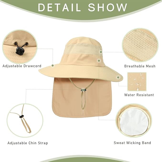 Fishing Hat Breathable Wide Brim Sun Hats with Neck Flap Bucket Hat Outdoor Safari Hat for Men Women UPF 50+ Sun Protection