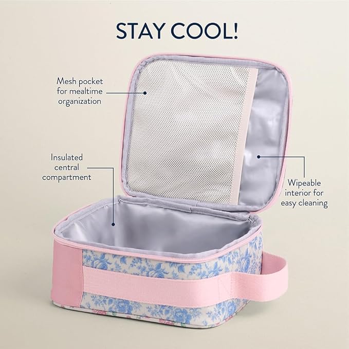 Itzy Ritzy Toddler Lunch Box - Kids Lunch Bag is Insulated and Includes Water Bottle Holder Plus 2 Pockets - Durable, Easy to Clean Lunch Box Toddler Bag (Ribbons & Roses)