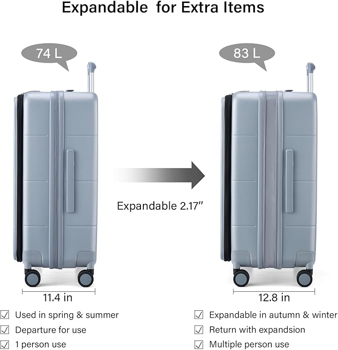 Hanke Hardside Expandable Checked Luggage, 24 Inch Top Opening Trunk Luggages with Spinner Wheels, All-PC Hard Shell Suitcase, Lightweight TSA Checked-Medium(Grey, 83L)
