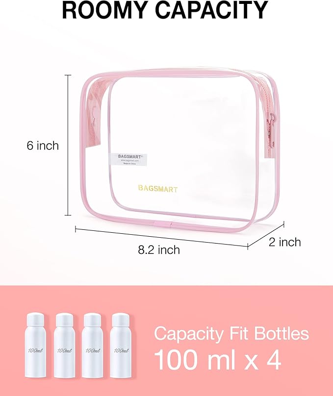 BAGSMART Clear Toiletry Bag, 3 Packs TSA Approved Water-resistant Quart Size Travel Organizer, Airport Airline Travel Essential Carry-On Makeup Cosmetic Bags for Women, Pink
