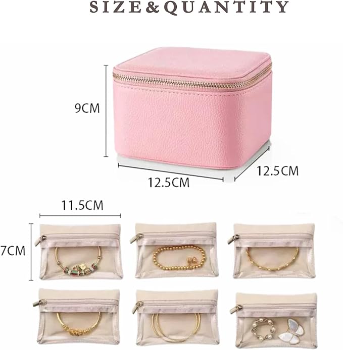 Jewelry Box Organizer for Women,Small Travel Jewelry Case,Mini Travel Jewelry Organizer with 6 Velvet Jewelry Zipper Pouches, Jewelry Box Organizer for Gift Idea for Girls(Pink)