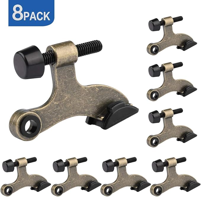 HOMOTEK 8 Pack Hinge Pin Antique Brass Door Stopper,Adjustable Deluxe Heavy Duty Door Stopper 2-1/2"x1-3/4”,with Black Rubber Bumper Tips