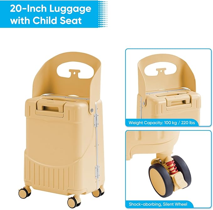 TABU 20" Ride-on Luggage with Seat For Kids & Adults，Carry On Hardshell Ride On Suitcase with 360° Lockable Spinner and TSA Lock, Yellow