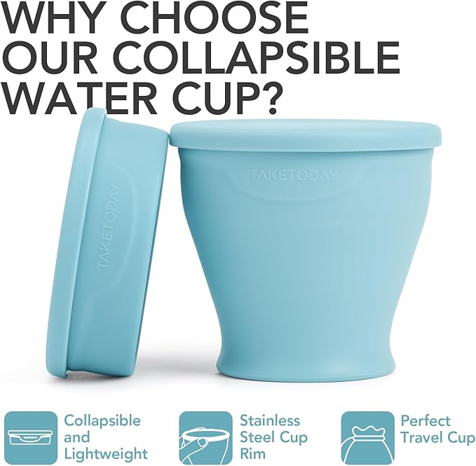 TakeToday Collapsible Travel Cup - Silicone Foldable Water Cup, BPA-Free with Lid & Waterproof Bag - Drinking Cup Set for Office, Camping & International Travel（8 Oz, Blue）