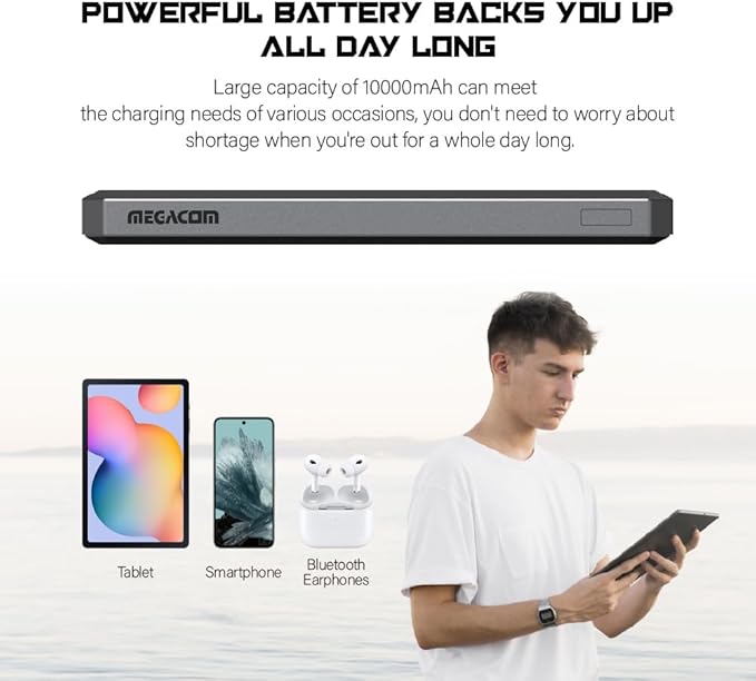 megacom Power Bank 10000mAh/37Wh with Type-C in/Output 20W & USB-A Output x 2, LED Indicate Capacity (Model:ME-1033)