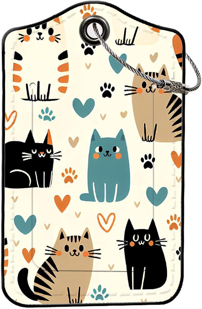 Luggage Tags for Suitcases, 2-Pack PU Leather for Cruise & Travel, Baggage ID Tags with Privacy Cover & Address Card, Durable Metal Ring, Kids Adults Travel Accessories, Kitty Love Pattern
