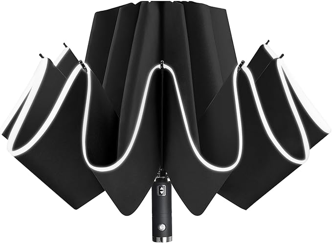 Lejorain Folding Reverse LED Umbrella - Upside Down Reflective Umbrellas Compact Inverted Travel Windproof Umbrella Auto Open Close for Rain