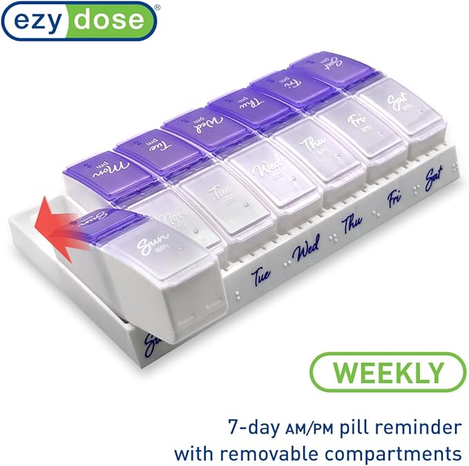 Ezy Dose Weekly (7-Day) Daily Pill Case, Medicine Planner, Vitamin Organizer, 2 Times a Day AM/PM, Small Pop-out Compartments, Arthritis Friendly, Easy to Use, Pearlescent and Lavender Lids, BPA Free