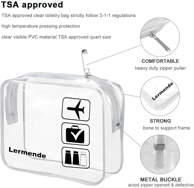 Lermende 2pcs Clear Toiletry Bag TSA Approved Travel Bag,Carry On for Travel,Airport Airline Accessories Compliant Bag,Quart Sized Makeup Cosmetic bag Women Men (Clear, 2 Pack)