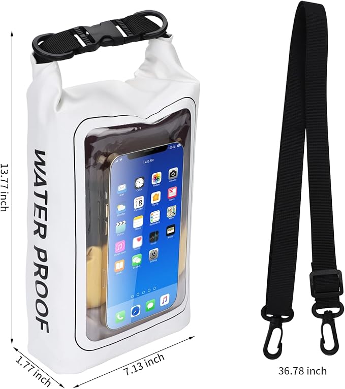 IP68 Waterproof Dry Bag, 2L - Roll Top Waterproof Pool Bag，Dry Bags for Kayaking Waterproof-w/Phone Pouch,Large Waterproof Phone Pouch,Boating & Kayak Accessories Camping (White)